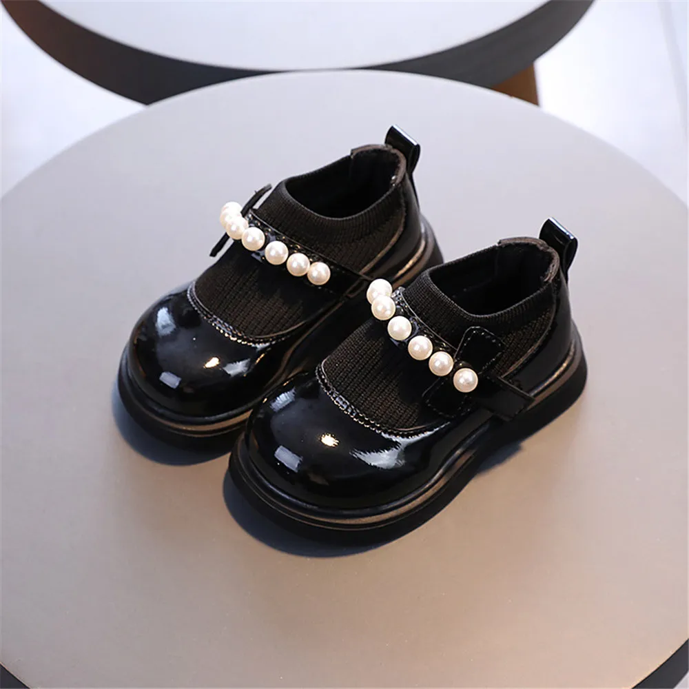 Little Baby Girl's Artificial PU Princess Shoes Fashion Pearl Knit Stitching Slip-on Flat for Toddler girls shoes girls flats