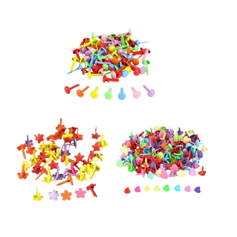 100Pcs Split Pins Multicolor Metal Brad Fasteners Round Brads Heart Brads Flower for Paper Craft Scrapbooking