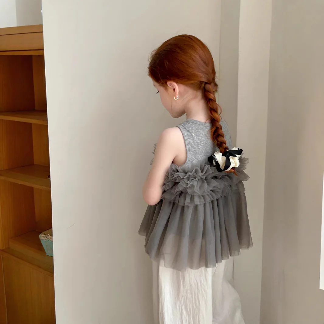 메쉬 슬링 2025 여름 새로운 한국어 유행 솔리드 컬러 캐주얼 달콤하고 귀여운 니트 메쉬 조끼 아동복