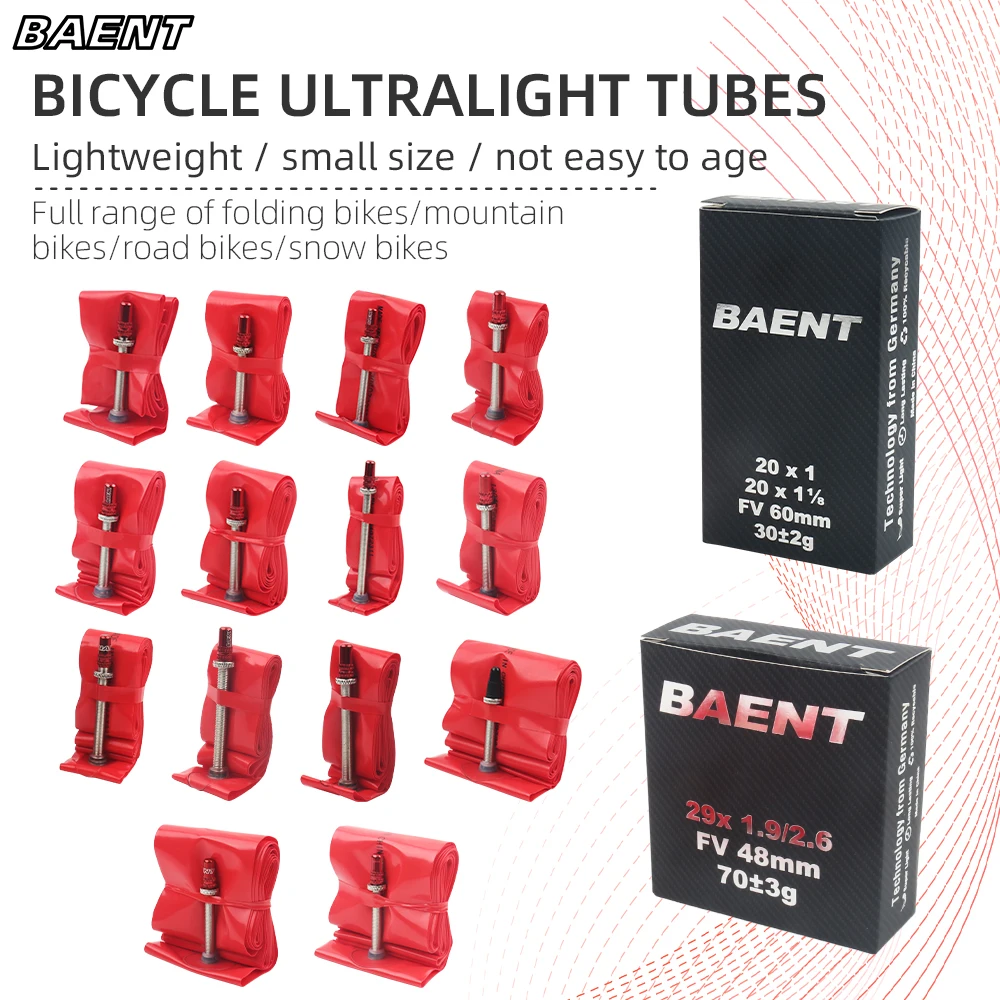 

BAENT Ultralight Bike Inner Tube Super Light 14/16/20/26/27.5/29/700 Road MTB Bicycle TPU Tire 48MM Length French Valve