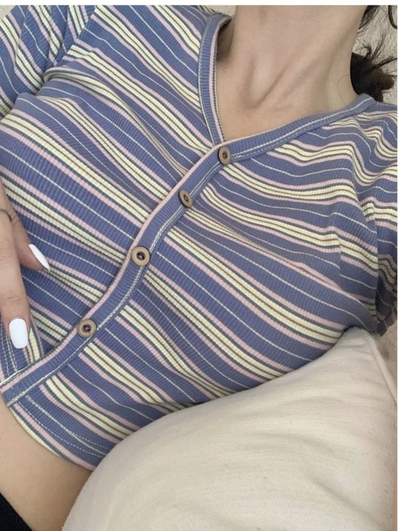 

Женская футболка в полоску, с V-образным вырезом и высокой талией