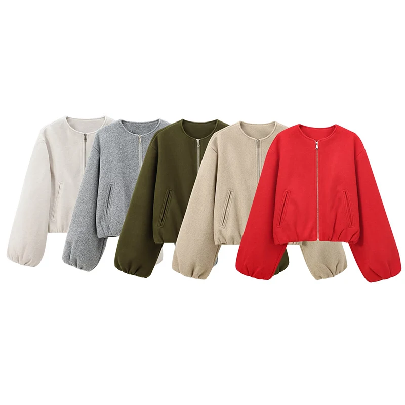 Retro Solid Woolen Women's Bomber Jacket Long Lantern Sleeves Pockets O-neck Loose Female Coat Autumn High Street Outwears
