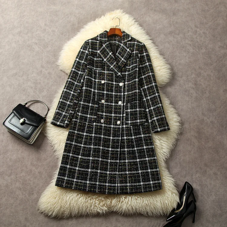

European and American women's dress 2023 winter new Suit collar Long sleeve double breasted plaid fashion The tweed jacket
