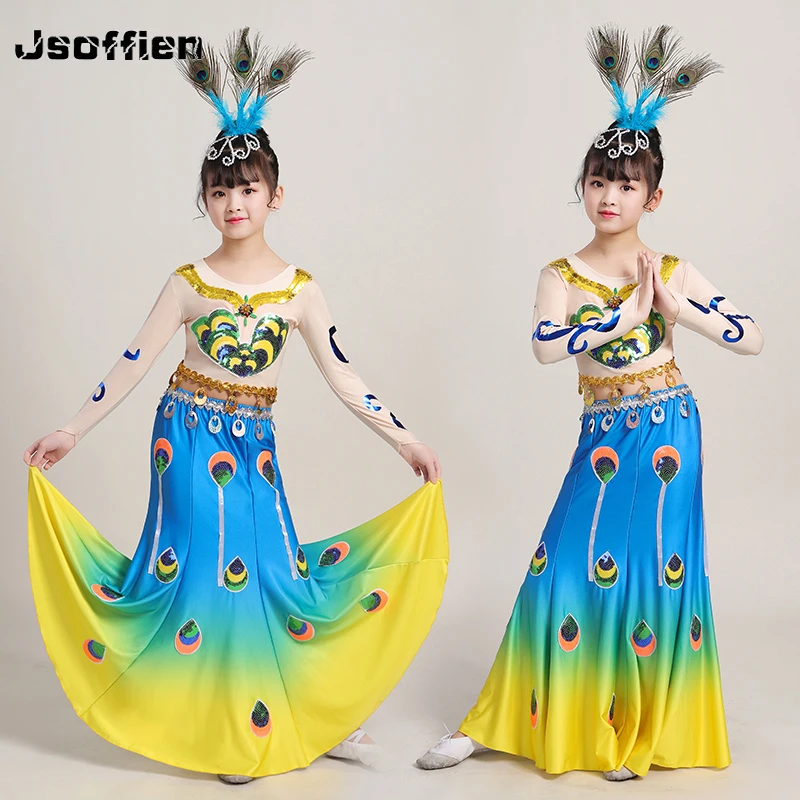 

Китайский национальный костюм для танцев павлина, танцевальный костюм для девочки дай, детская танцевальная одежда Hmong, наряд для народного танца, одежда для фестиваля