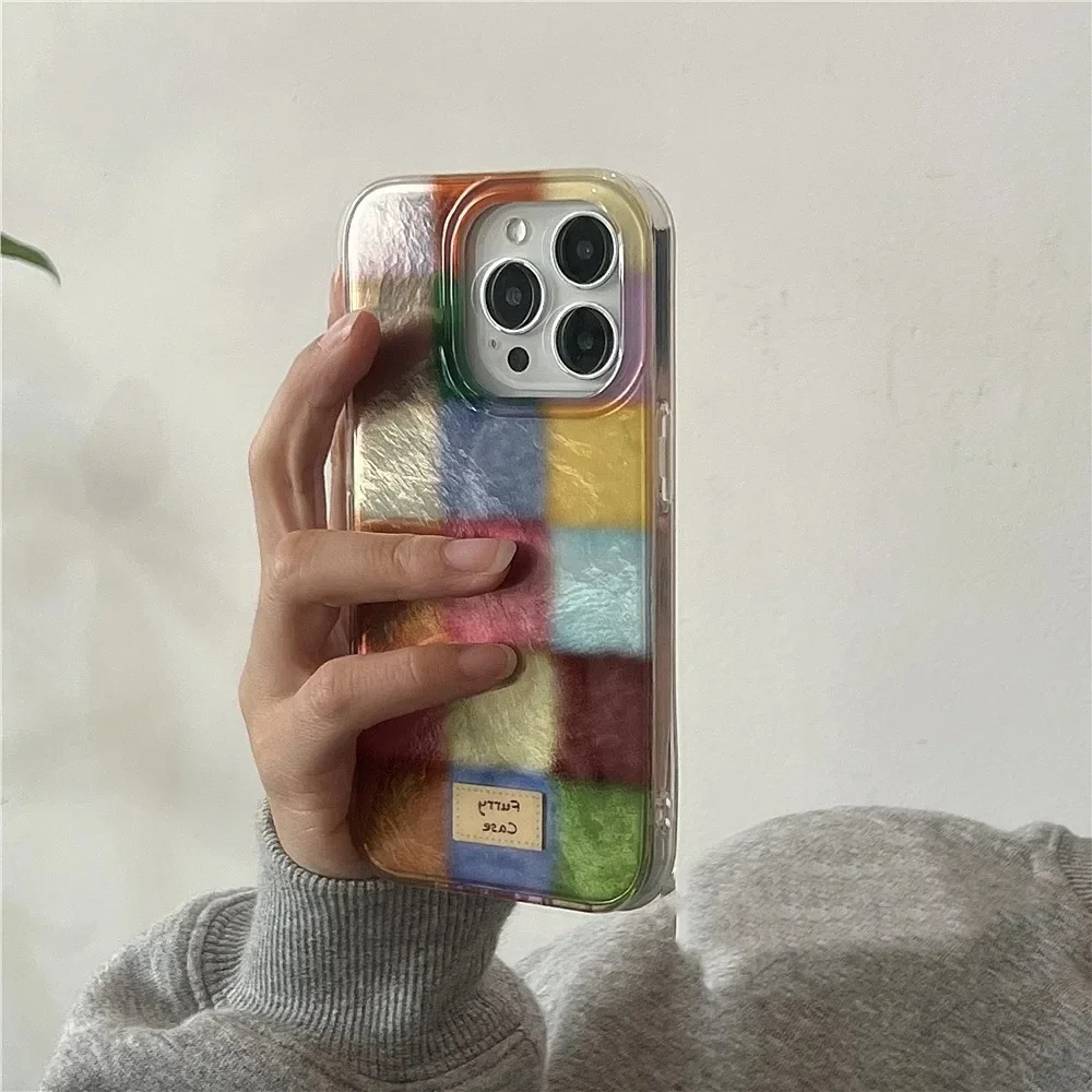 Dopamine Color Block Plaid Matte Phone Case with Grid Label Design