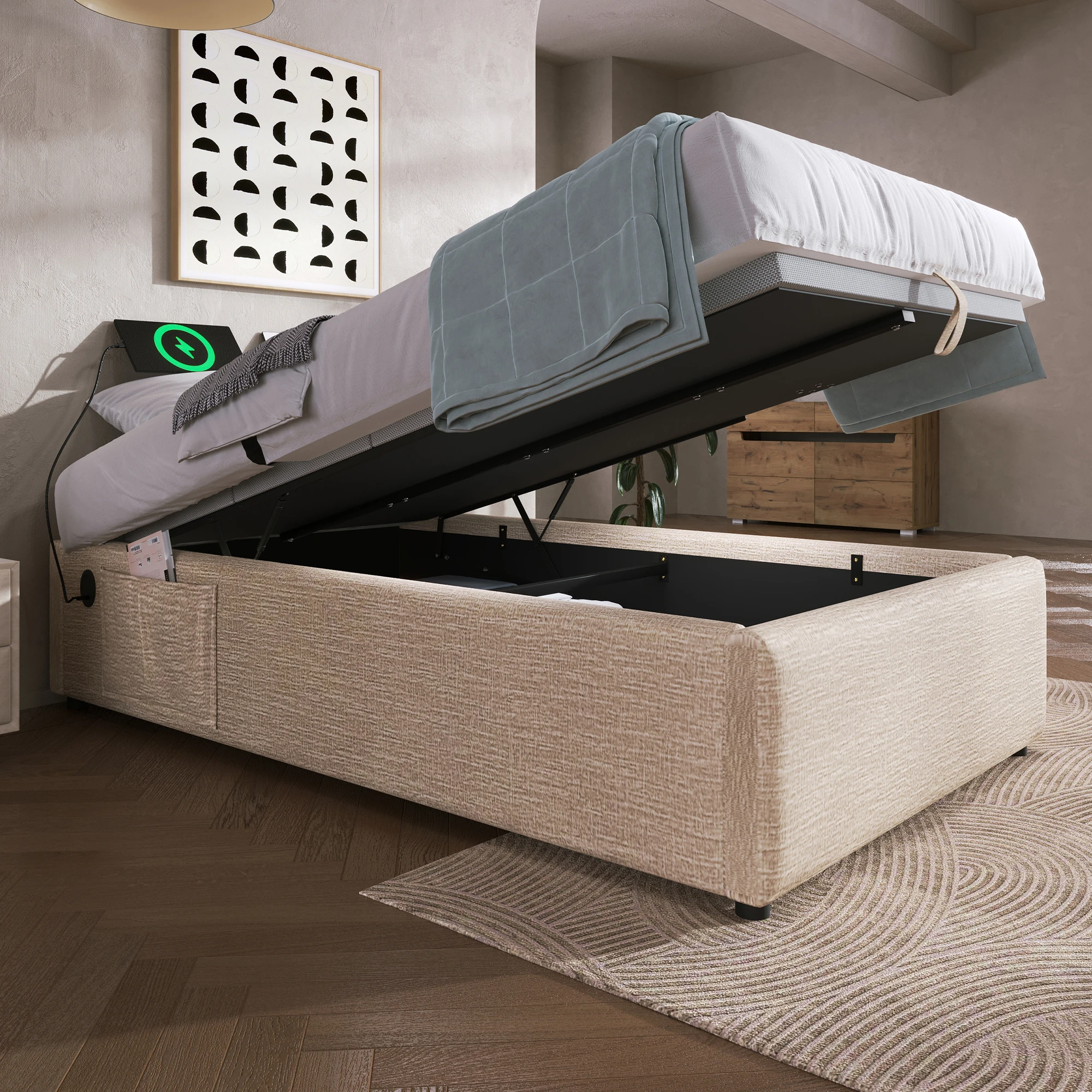 Gepolstertes Einzelbett 90×190 cm, Bettgestell mit Stauraum und USB-C, Lattenrost, Leinen, Naturfarben – Detail 16