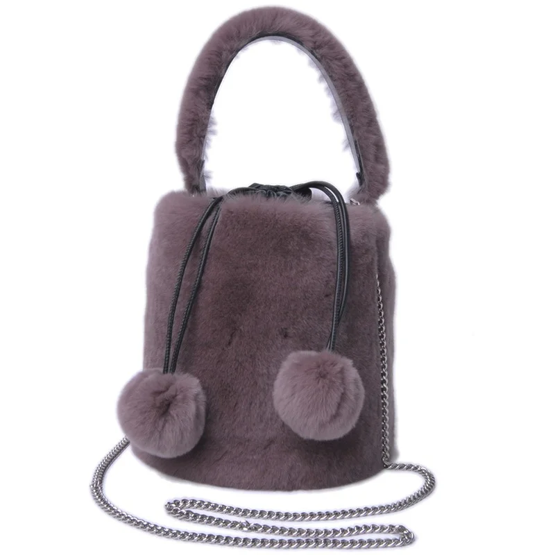 Women's Luxury Plush Bucket Bag High Quality Real Rex Rabbit Fur Shoulder Fur Bag Chain Decoration Can Crossbody Fur Bag