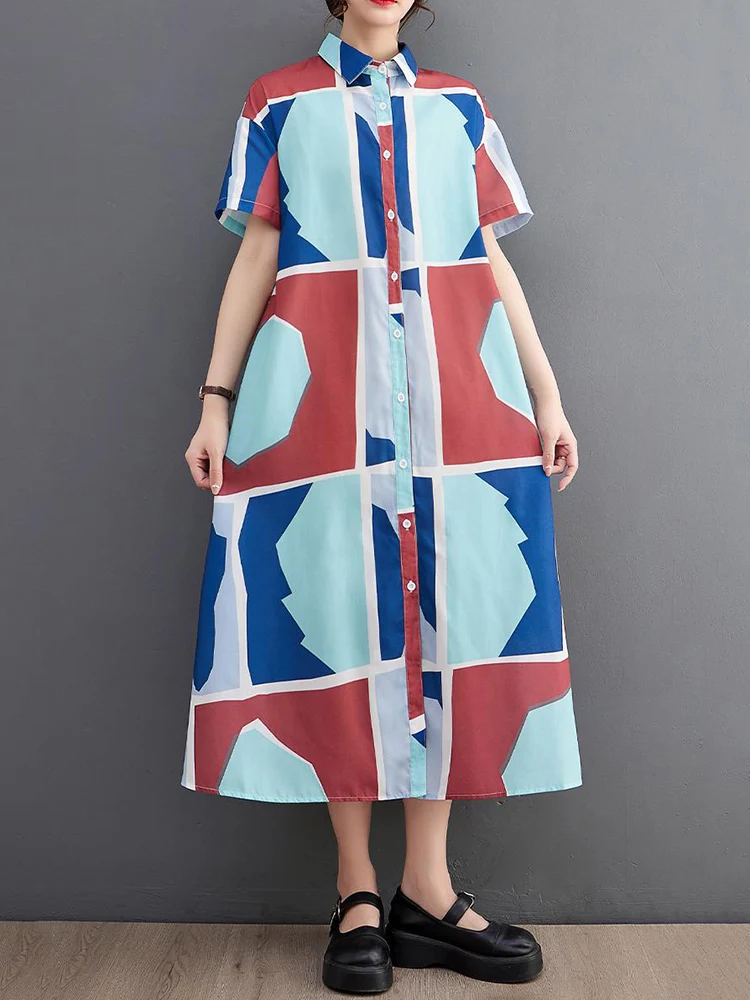 2025 Spring Summer New Vintage Print Shirt Dresses For Women Short Sleeve Loose Casual Midi Dress Robe Fashion Elegant Clothes