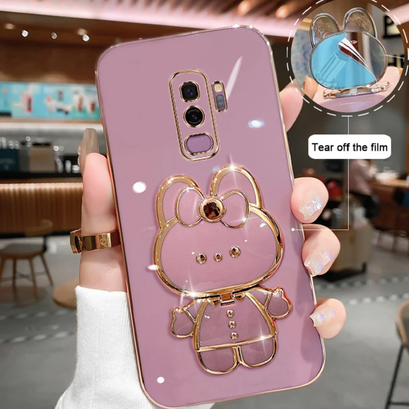 Luxury Plating Square TPU Glossy Phone Case with Cute Stand and Soft Silicone Back Cover