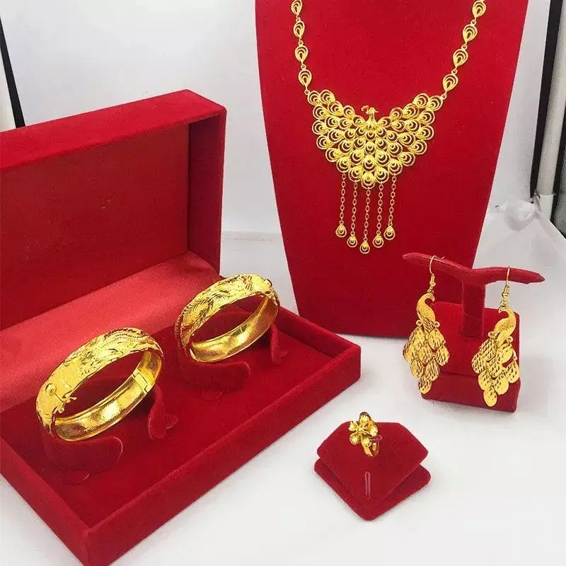 

New Wedding Necklace Dragon and Phoenix Bracelet Copy Alluvial Gold Jewelry Set Peacock Necklace Bride Wedding Jewelry