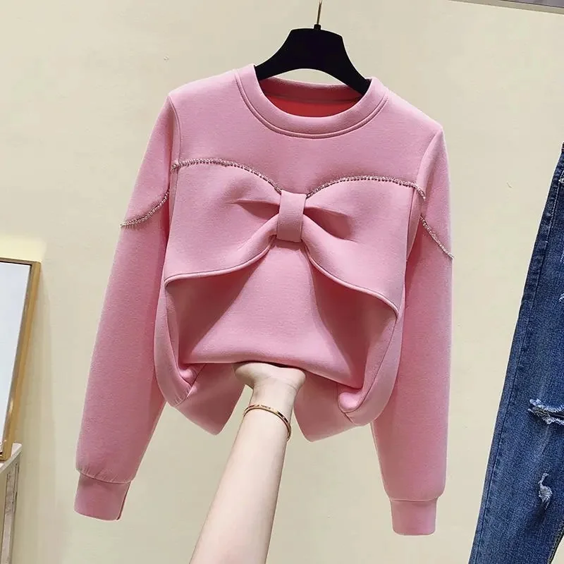 

Hoodie Ladies jacket Autumn And Winter New Round Neck Studded Design Sense Fashion Joker Fashion Bow Loose Sweater Top Woman