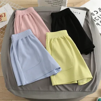 Pantaloncini da casa a gamba larga con strato d'aria color crema setosa per donna, edizione coreana estiva, pantaloni caldi sportivi larghi e sottili a vita alta 1