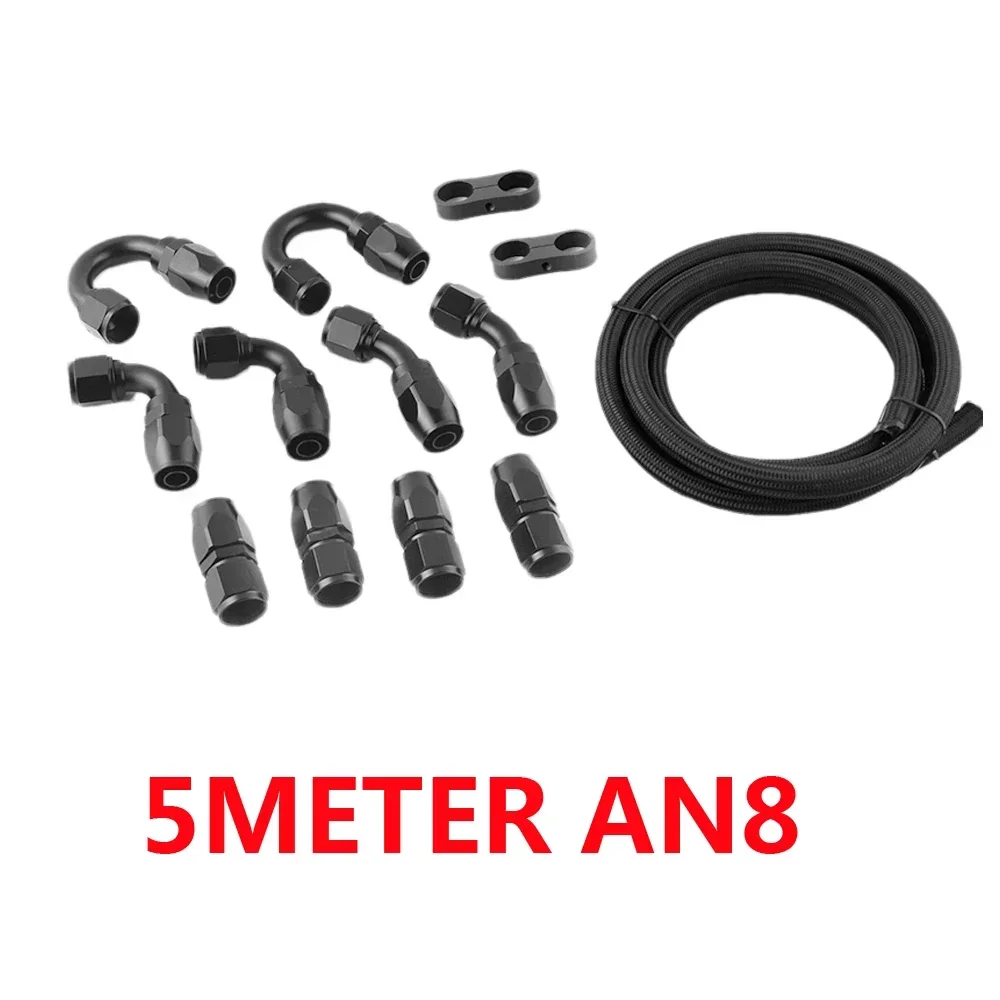 

5M AN8 Black Stainless Steel Braided Nylon Hose Fuel Pipe Oil Cooler System Adapter Kit AN8 0/45/90/180Degree Hose End Fitting