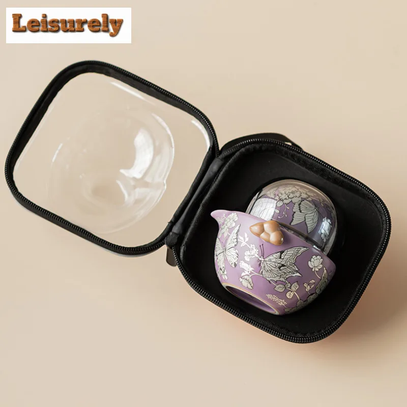 Gilt Silver Butterflies In Love With Flowers Travel Tea Set Kit Retro 1 Pot 3 Cups Tea Brewing Organizer Portable Picnic Handbag