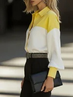 Women Shirt Blouse Long Sleeve Turn Down Collar Button Color Block Patchwork Casual Female Office Tops Trendy Work Shirt - Image 4