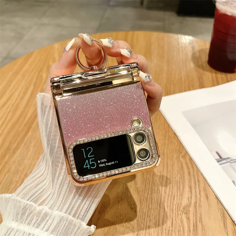 For Samsung Galaxy Z Flip 3 4 5G Rhinestone Camera Edge Glitter Trim With Ring Hinge Electroplated Plastic Phone Case Back Cover