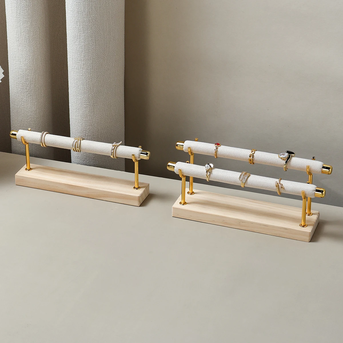 Elegant Solid Wood Ring Display Rack with Multi-Layer Storage and Removable Metal Holder