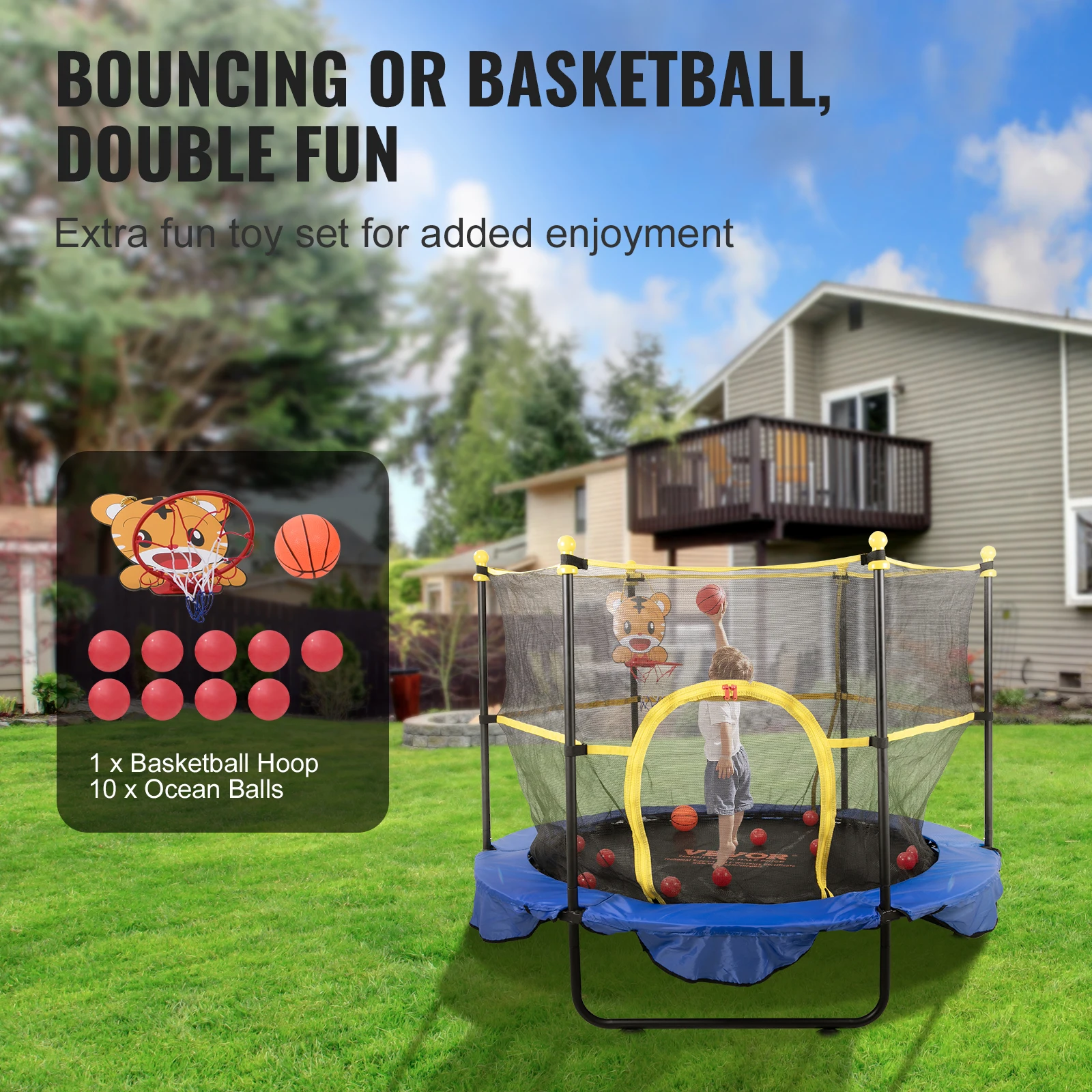 Trampoline 60" 5FT For Kids Indoor Outdoor Trampoline With Safety Enclosure Net Basketball Hoop and Ocean Balls For Kids