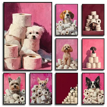 Divertenti cani di carta igienica Stampa su tela Multi razza Bagno Wall Art Poster Pastore tedesco maltese Papillon Dog Decor Toilet Room