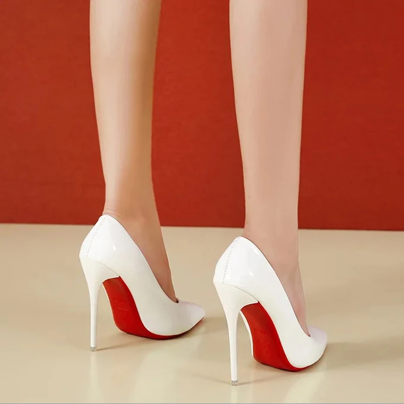 New Red Bottom Large Size 45 Fashion High Heels shoe 12CM Black Pink White Women Stiletto Wedding Pointed Heel Shoes
