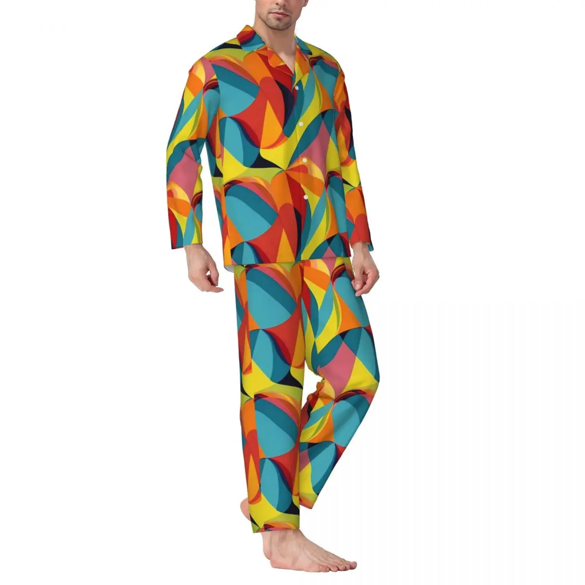 

ColorBlock Sleepwear Autumn Abstract Print Vintage Oversized Pajama Sets Men Long Sleeves Soft Home Pattern Home Suit