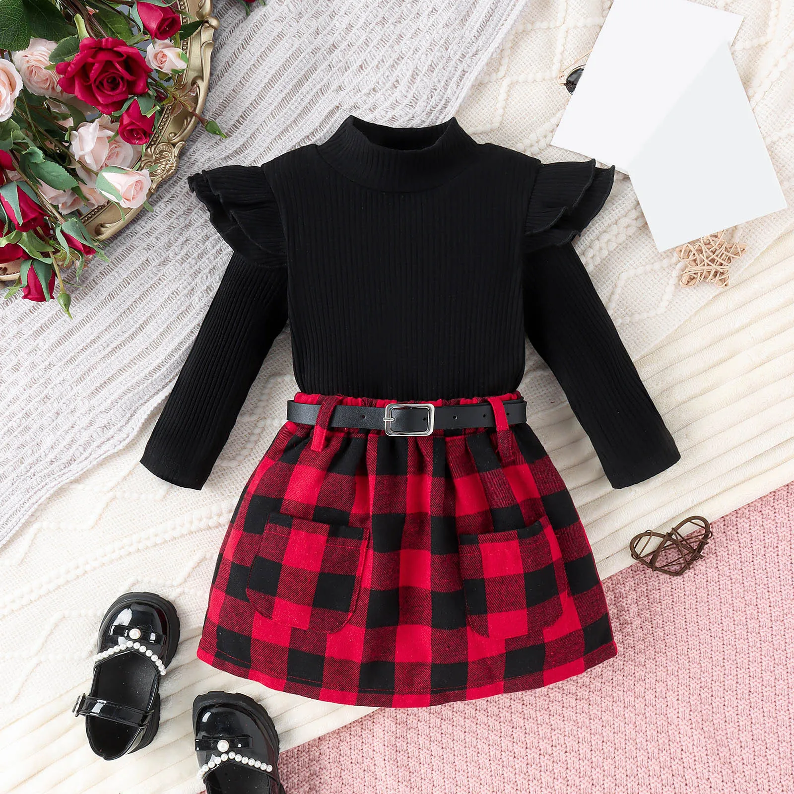 

0-5Y Infant Toddler Baby Girls Clothes Sets Christmas Ruffle Knit Long Sleeve Tops Plaid Skirt With Belt New Year Xmas Costumes