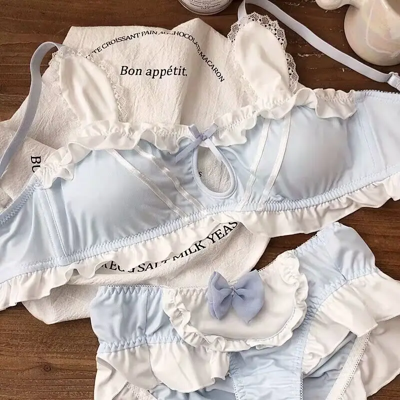 Japanese Lolita Lingerie Women's Y2k Bow Lace Bra Without Steel Ring Gathering Bra Sweet Girl Lingerie Set Underwear For Women