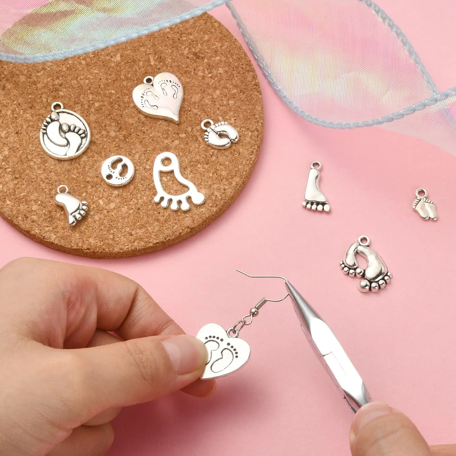 100Pcs 10 Styles Tibetan Footprint Charms Antique Silver First Step Foot Charms for DIY Bracelet Necklace Jewelry Making