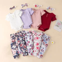 Ensemble de vêtements pour bébés filles, 3 pièces, body à manches courtes, pantalon élastique, bandeau 