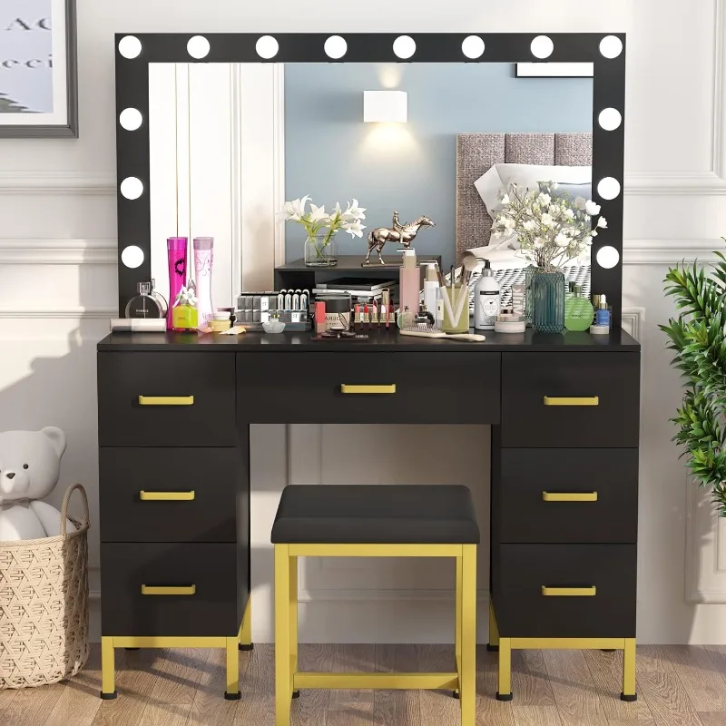 

Modern Makeup Vanity with Lighted Bulbs, 44'' Vanity Desk with Mirror and Lights, 7 Drawers, 14PCS LED Bulbs, Cushioned Stool