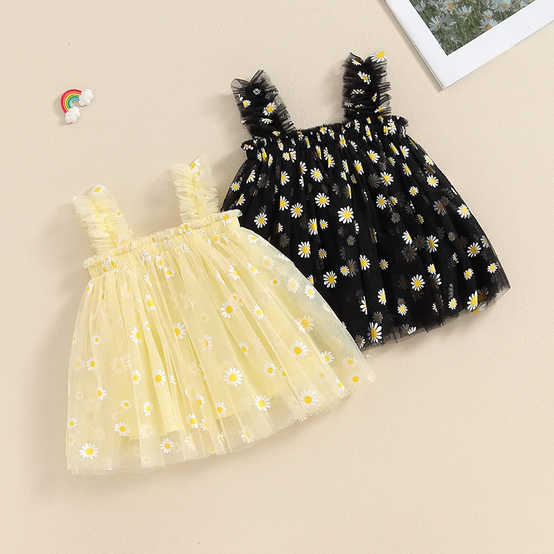 FOCUSNORM 1–5 Jahre Sommer-Kleid für Kleinkinder, Kinder, Mädchen, ärmellos, Träger, Blumen, Tüll, Netzstoff, Tutu, Sommerkleid