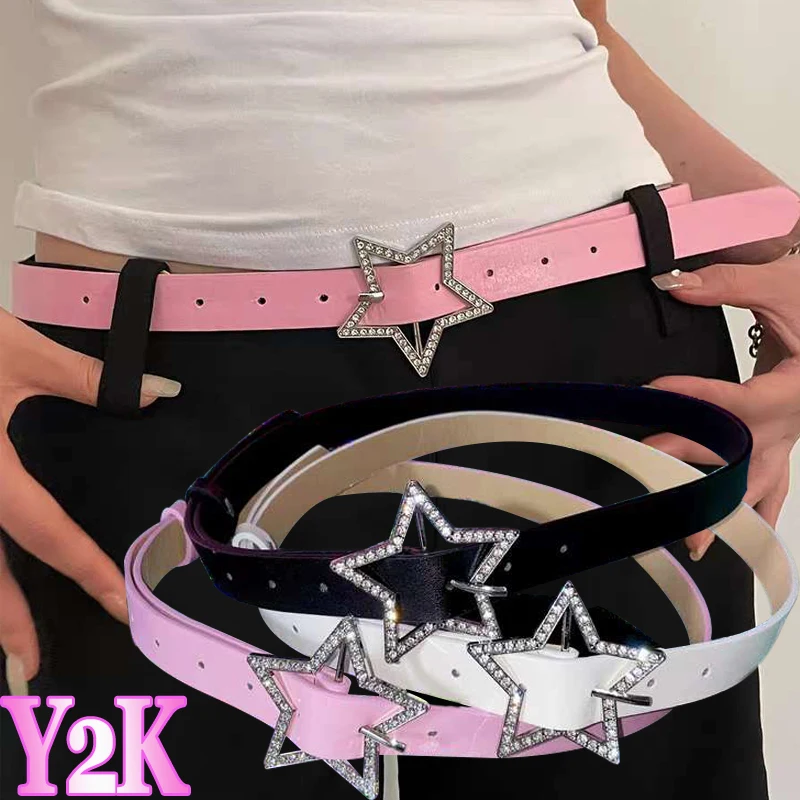 

Rhinestone Star Buckle Belt Pink Leather Elastic Y2K Binding Embellished Waistband Pentagram Retro Bride Decoration Accessories