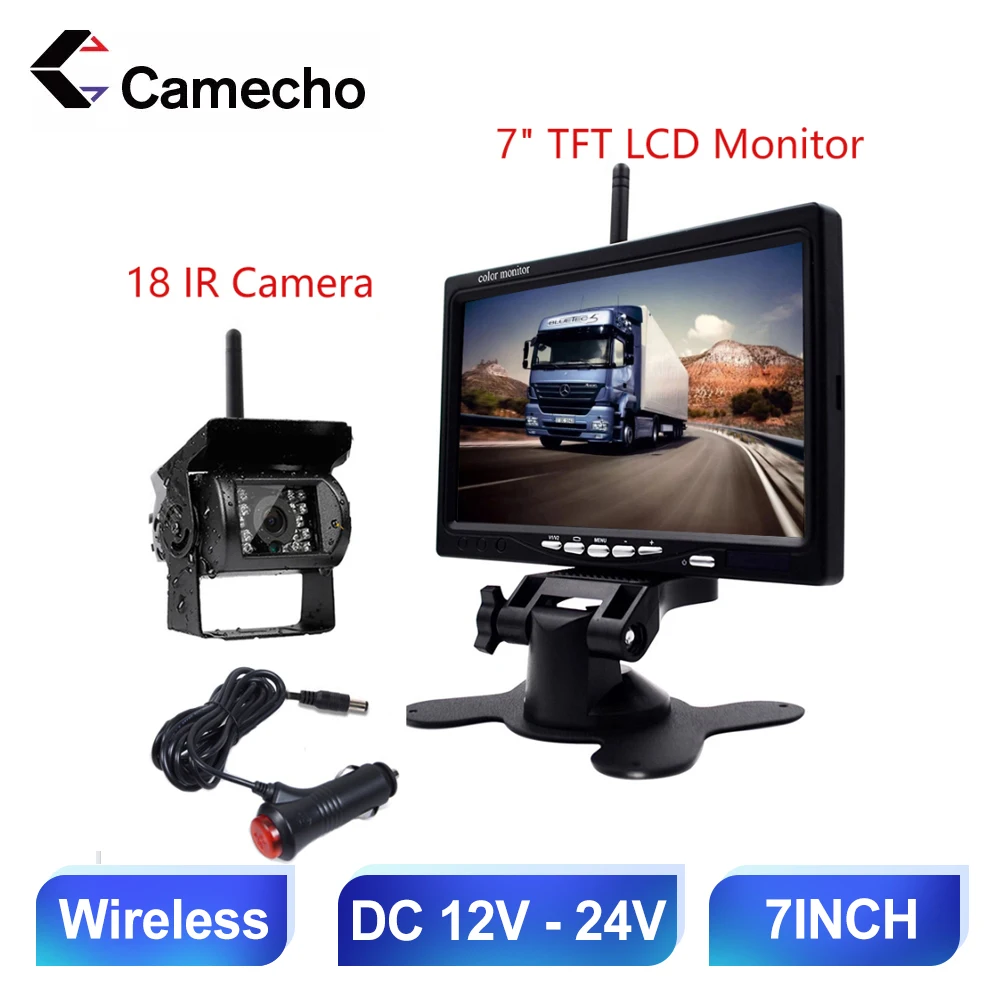 Camecho 7"HD LCD Waterprooof Wireless 12V 24V Backup Rear View Camera Monitor Car Monitor For Bus Truck RV Trailer Excavator