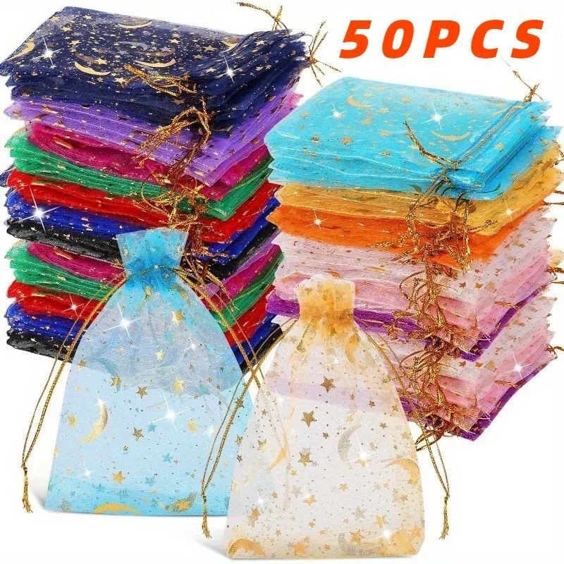 Organza Gift Bags 50PCS Moon Stars Drawstring Organza Jewelry Pouches Gold Star Favor Pouches for Christmas Wedding