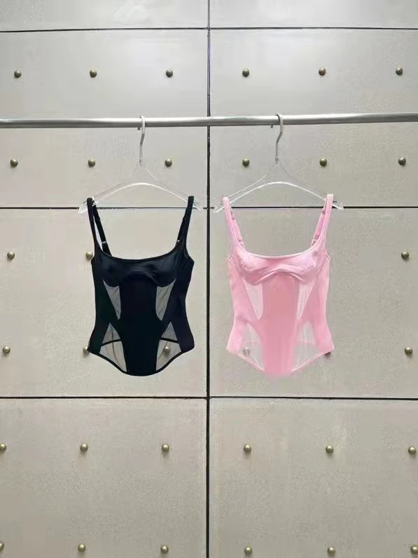 

2023 New fashion good quality pink black stitching slim suspender top
