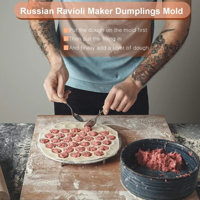Description Picture 2 of itemPelmeni Maker Russian Dumpling Mold Pelmeni Metal Mold with Pastry Ravioli Wheel Pasta Double Cutter for Kitchen Cooking Tools