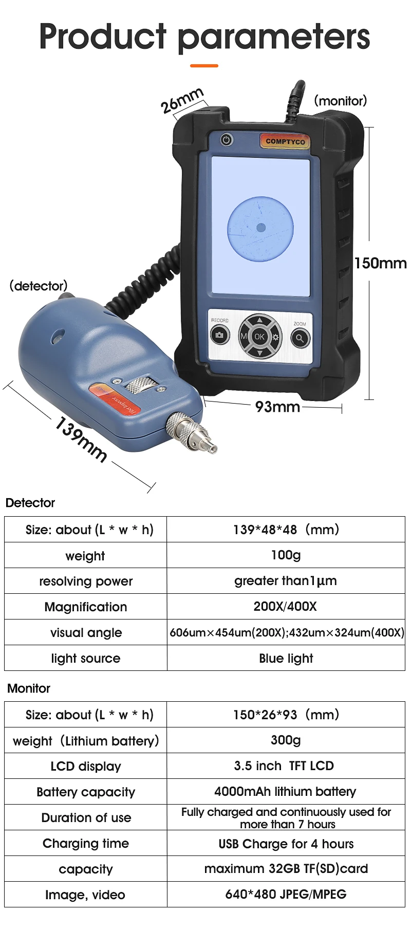 AUA-400 Fiber Optic Inspection Microscope Probe Support UPC and APC with 3.5 Inch Display Screen Monitor FTTH