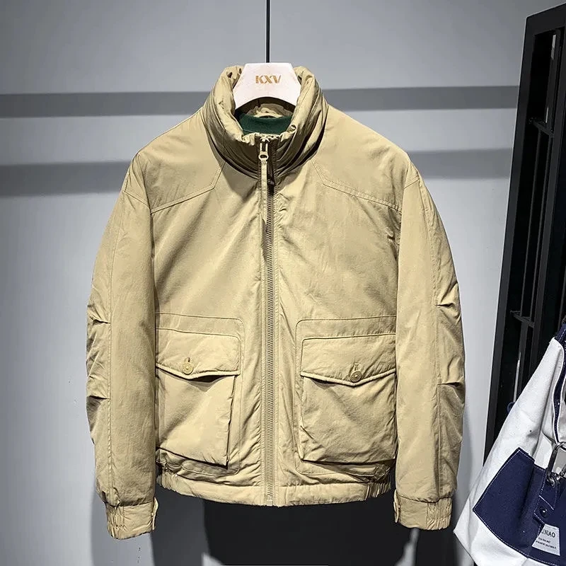 

Winter Stand Collar Workwear Cotton Parkas for Men Solid Color Casual Loose Versatile Padded Jacket Simple Big Pocket Cargo Coat