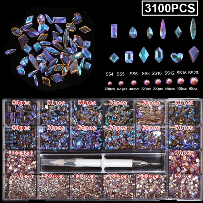 

AB Crystal Nail Rhinestones Set, Nail Art Rhinestones Round Beads Flatback Glass Nails Gems Stones, 3D Nail Art Crystals