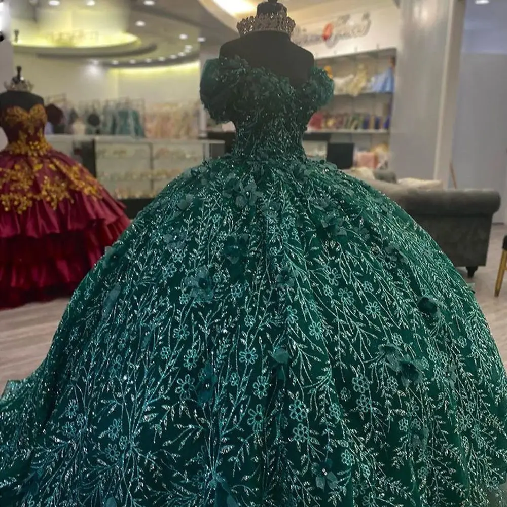 

Emerald Green Quinceanera Dresses Off Shoulder Glitter lace-up corset Sweet 15 Gown 3D Flower Sequin Vestidos de XV anos