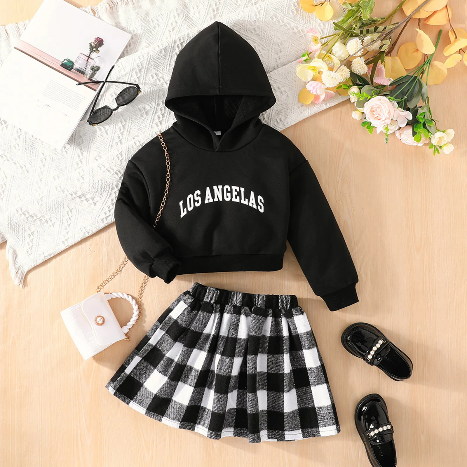 

Toddler Girl's 2 Piece Outfits Letter Print Long Sleeve Hooded Sweatshirt Tops+Plaid Pleated Skirt Set Clothes For 3 to 7Years