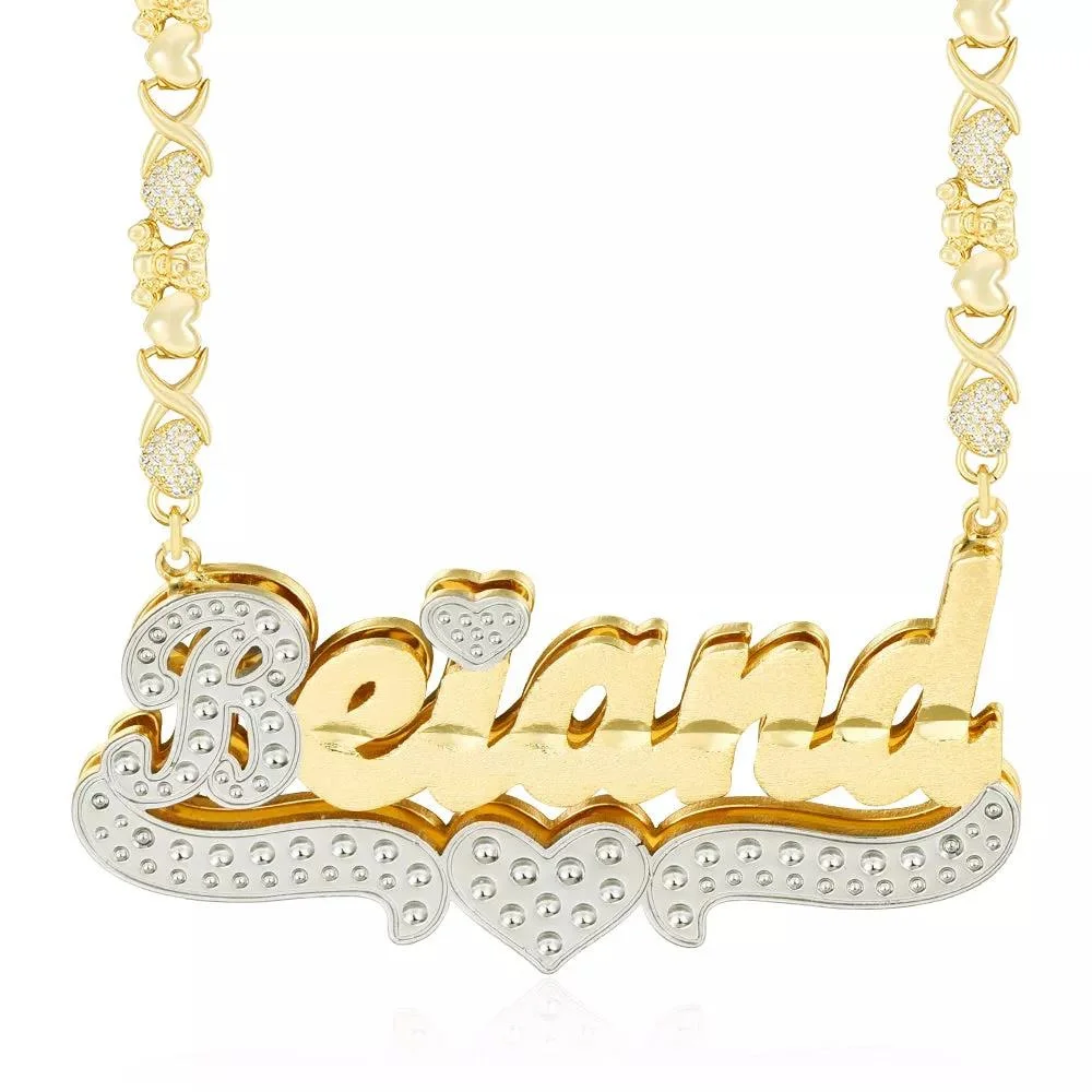VishowCo Custom Gold Plated Name Necklace Two Tone with Heart Necklace Teddy Heart XOXO Chain Double Layer Necklace