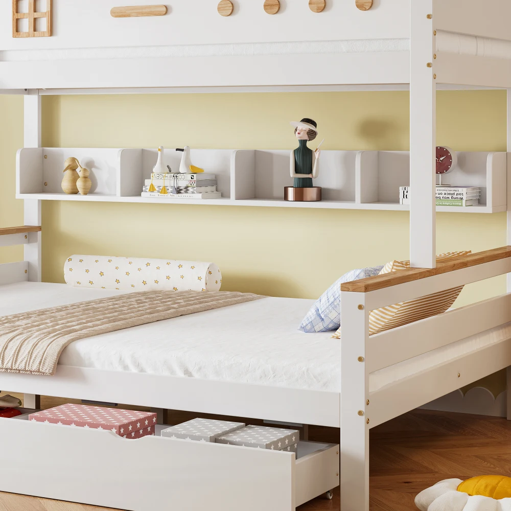 90 x 200 cm und 140 x 200 cm großes Kinder-Etagenbett, mit farbigem Fallschirmgitter, zwei Schubladen, modernes Bett mit Fenster und vierstufiger Leiter – Detail 24