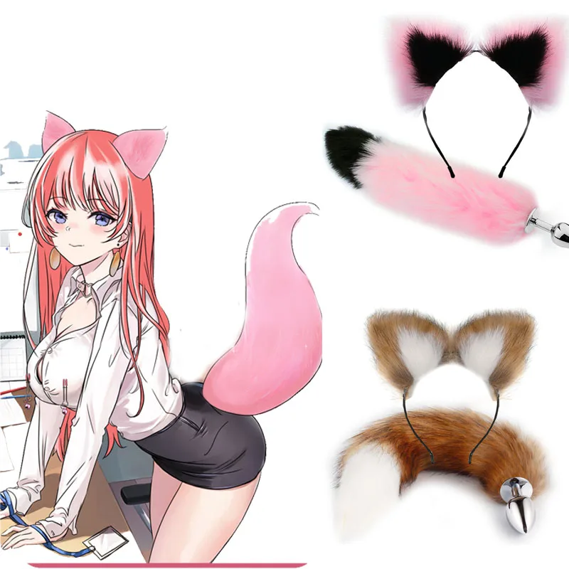 40cm Fox Tail Anal Plug Cat Rabbit Ears Headbands Set Feather Anals Plug Anus Stimulate Adult Product Sex Erotic Accessories