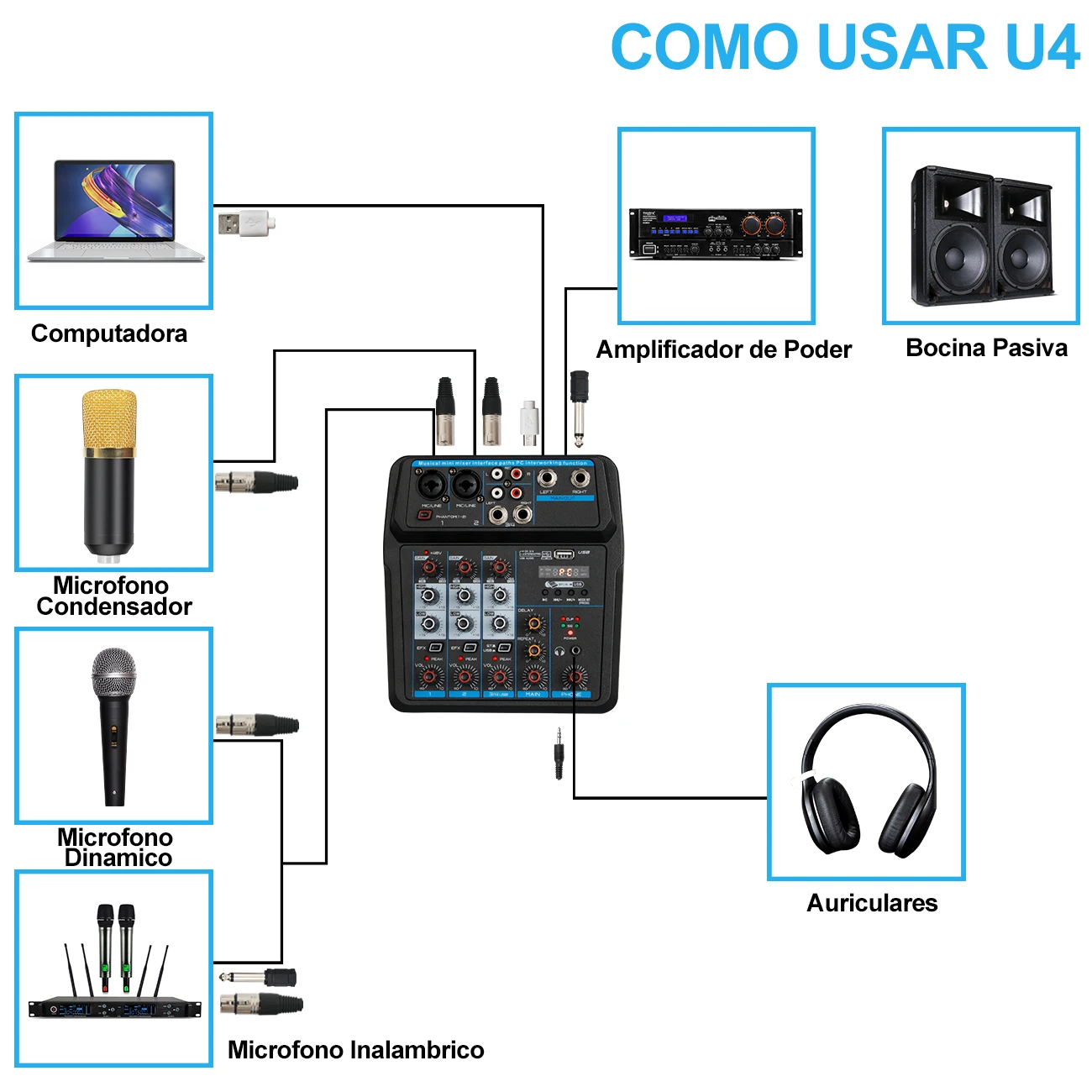 DEPUSHENG U4 Professioneller 4-Kanal-Mixer, Computeraufnahme, Live-Digital-Sound, Musik, Mini-Audiokonsole – Detail 8