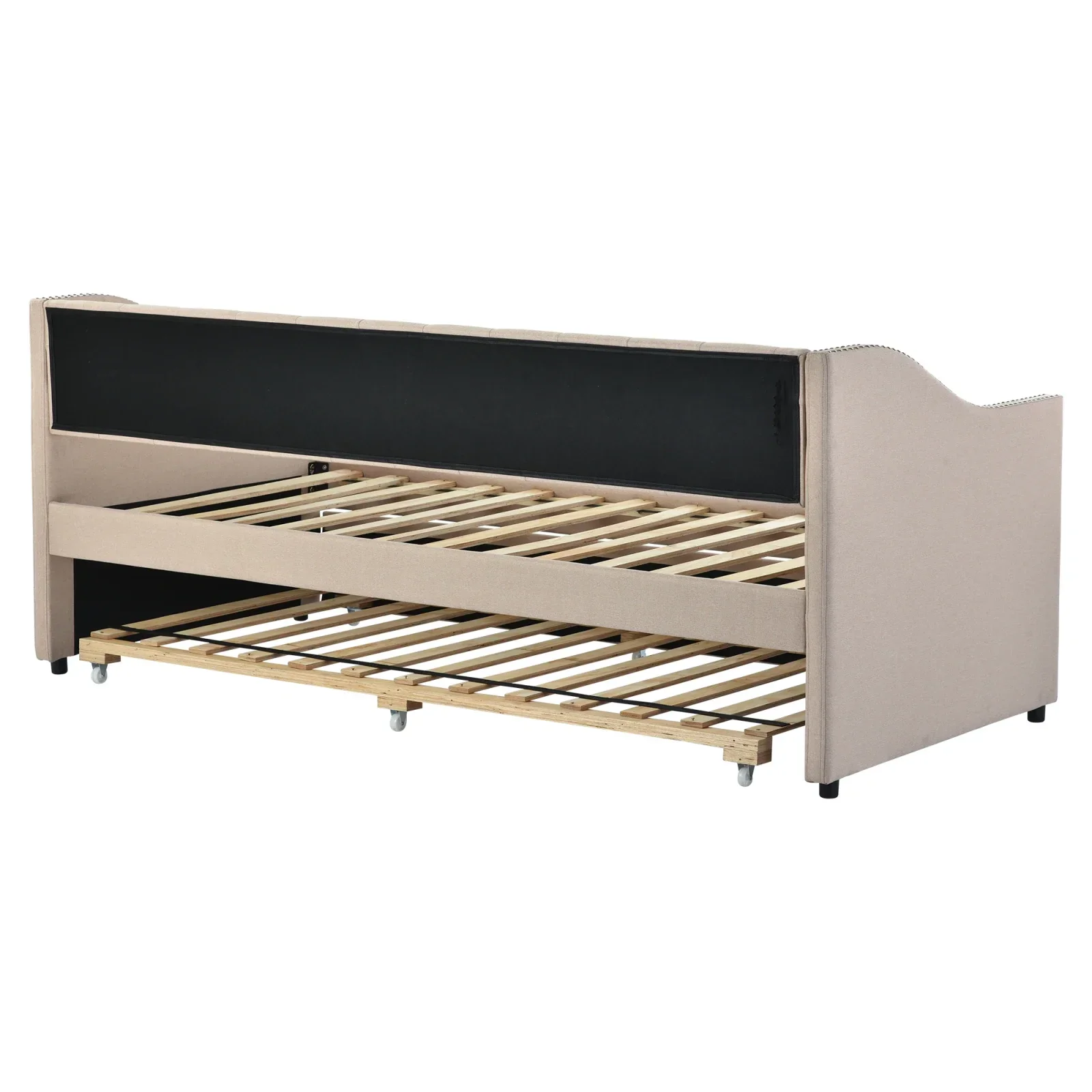 Comanlai Ausziehbares Schlafsofa 90/180 x 200 cm, gepolstertes Bett mit Lattenrost, platzsparendes ausziehbares Bett, Leinenstoff, Beige – Detail 9
