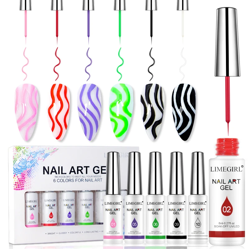 Limegirl Nail Art Line Polish Gel Kit 6 Colors For UV/LED Paint Nails Drawing Polish DIY Painting Varnish Liner Gel Tool Kit