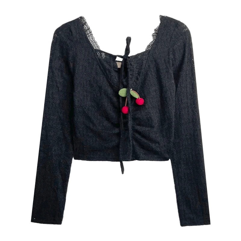 

Cherry Sweet V-Neck Lace Strap Off Shoulder Slim Short Knit T t-shirt