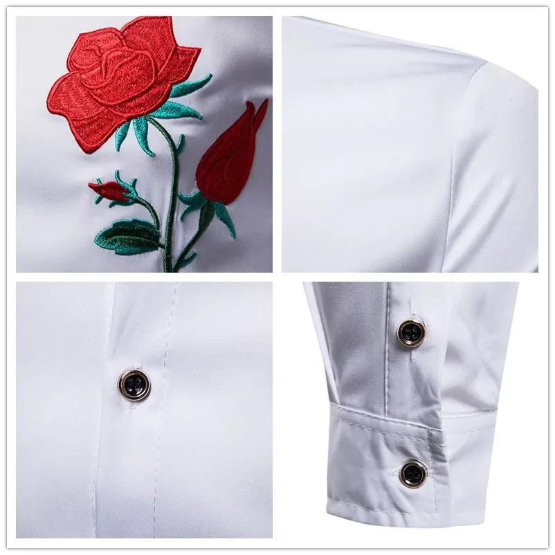 Retro Floral Men Long Sleeve Dress Shirt Rose Embroidery Hawaiian Shirt Social Streetwear men casual shirt men hawaiian shirt long sleeve shirt