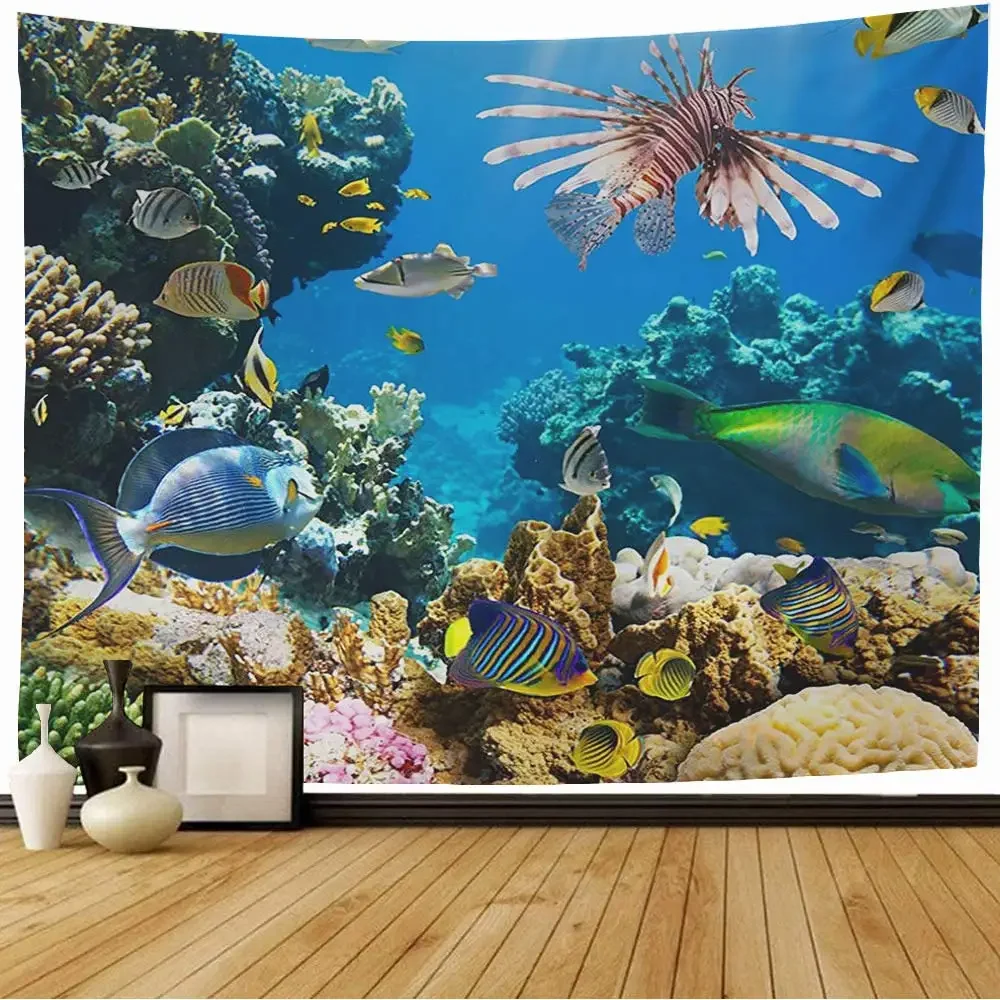 Tropical Fish Undersea World Tapestry Wall Hanging Ocean Animals Tapestries for Bedroom Aesthetic Living Room Home Decoration